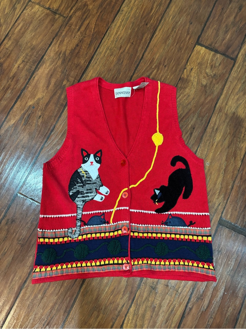 Grandma Core Adorable Red Cat Pattern Pet Lovers Knit Vest 1X